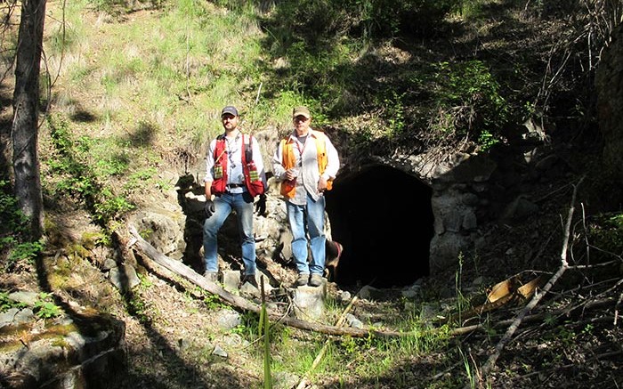 Geologists Matthias Lindhuber (left) and Jim Ebisch at an adit on Adamera Minerals' Flag Hill gold project in northern Washington state. Credit: Adamera Minerals
