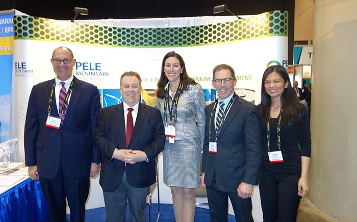 At the Prospectors & Developers Association of Canada convention in Toronto in March, from left: Al Shefsky, president of Pele Mountain Resources; Michael Gravelle, Ontario Minister of Northern Development and Mines; Janis Peleshok, director; Martin Cooper, vice-president of Aboriginal Affairs; and Margie Bugarin, resource administrator. Source: Pele Mountain Resources