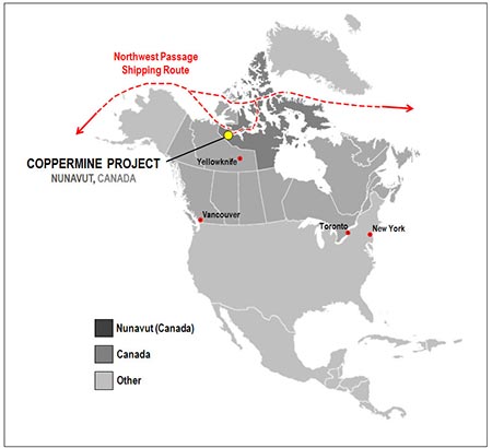 A map showing the location of Kaizen Discovery's Coppermine copper project in Nunavut. Source: Kaizen Discovery