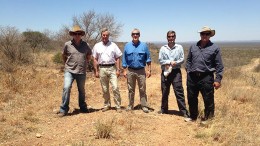 Peregine Diamonds and Diamexstrat Botswana personnel in the field in Botswana, from left: Mike Shaw, Gerard de La Valle Poussin, Tom Peregoodoff, Herman Grtter and Barry Bayly.  Photo by Andr Fourie.