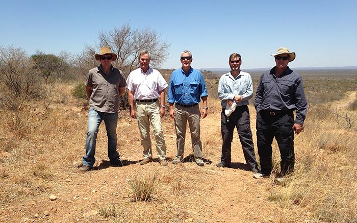 Peregine Diamonds and Diamexstrat Botswana personnel in the field in Botswana, from left: Mike Shaw, Gerard de La Valle Poussin, Tom Peregoodoff, Herman Grtter and Barry Bayly.  Photo by Andr Fourie.
