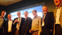 At the Mineral Deposit Research Unit's 25th anniversary celebration in Vancouver earlier this month. From left: John Thompson, past director; Craig Hart, current director; Al Sinclair, former dean of earth and ocean sciences at UBC; Ian Thomson, past director; Dick Tosdal, past director; John McDonald, co-founder; and Peter Bradshaw, co-founder. Photo by Lesley Stokes.