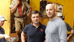 Nordgold CEO Nikolai Zelenski (left) and Columbus Gold CEO Robert Giustra at a drill site at the Paul Isnard gold project in French Guiana. Credit: Columbus Gold