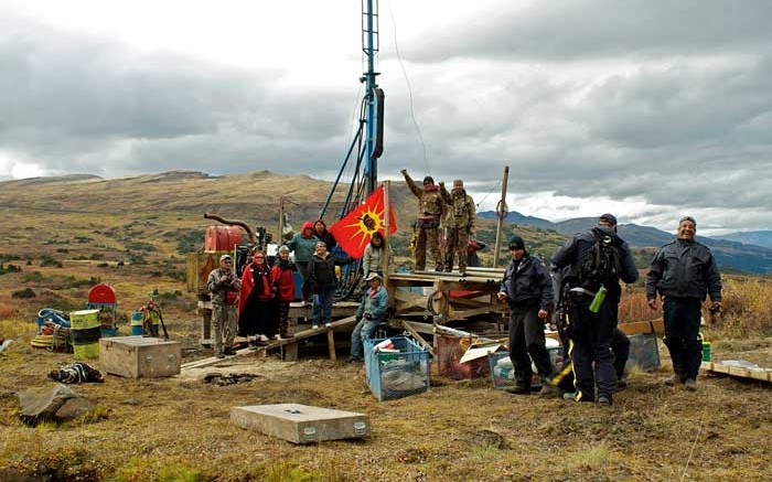 Elders, warriors and escorts representing the Tahltan Nation occupy a drill site in September 2013 at Fortune Minerals' Arctos coal project in northwest British Columbia. Photo by Tamo Campos.