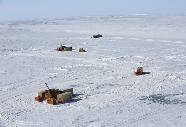 Drill rigs probing Agnico Eagle Mines's Amaruq gold property in western Nunavut, 50 km northwest of its Meadowbank gold mine.