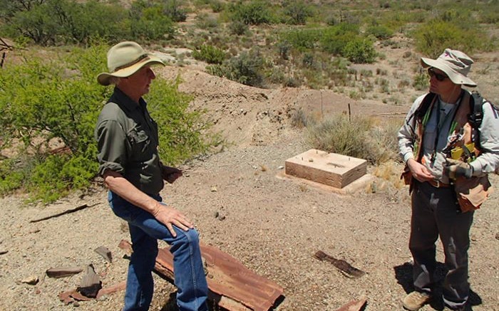 Noel Cousins (left), consulting geologist, and Stewart Harris, Evrim Resources vice-president of technical services, at the site of historic gold workings at the Ardmore gold project in Pinal County, Arizona. Source: Evrim Resources