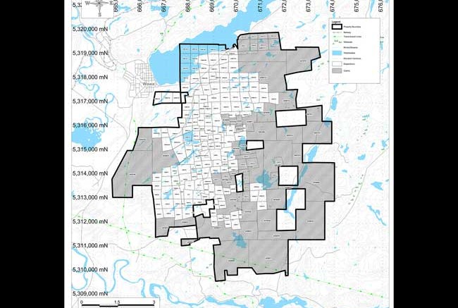 A map of the Wawa gold project, 2 km southeast of the historic mining town of Wawa in northern Ontario.