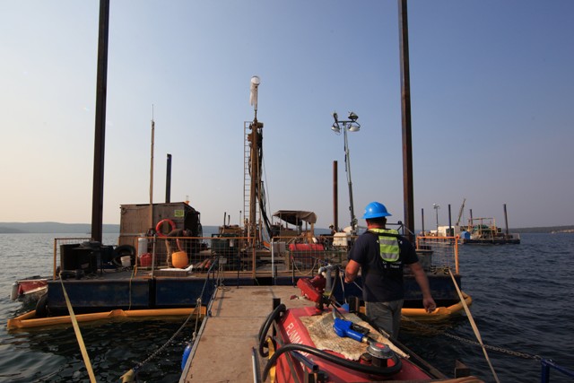 Drillers on a barge at Fission Uranium's Patterson Lake South uranium project in northern Saskatchewan. Credit: Fission Uranium