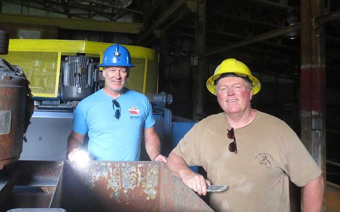 Scott Broughton (left), Roca Mines president and CEO, and John Gardiner, Taranis Resources president and CEO, tour the Max mill facility, 60 km southeast of Revelstoke, British Columbia. Photo by Lesley Stokes