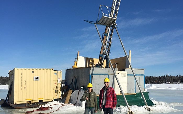 Christina Taylor (left), project geologist, and Max Porterfield, Callinex Mines' CEO, at a drill site in March 2015 at the Pine Bay copper project in Manitoba. Source: Callinex Mines