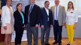 At the announcement event for the mental health in mining research project in Sudbury, from left: France Glinas, MPP for Nickel Belt; Jody Kuzenko,director of Vale's Ontario production services; Leo Gerard, international president of the United Steelworkers; Michel Larivire, clinical psychologist and associate director at CROSH; Kevin Daniel Flynn, Ontario Minister of Labour; and Tammy Eger, research chair in occupational health and safety.  Source: Laurentian University