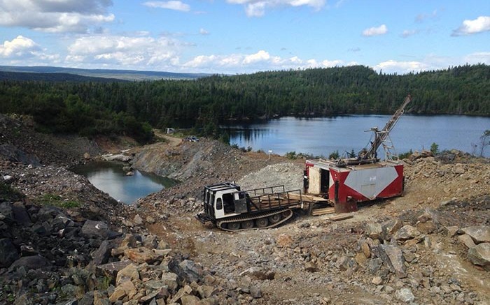 A drill at the Stog'er Tight prospect, 3.5 km east of Anaconda Mining's Pine Cove gold mine in Newfoundland.  Source: Anaconda Mining