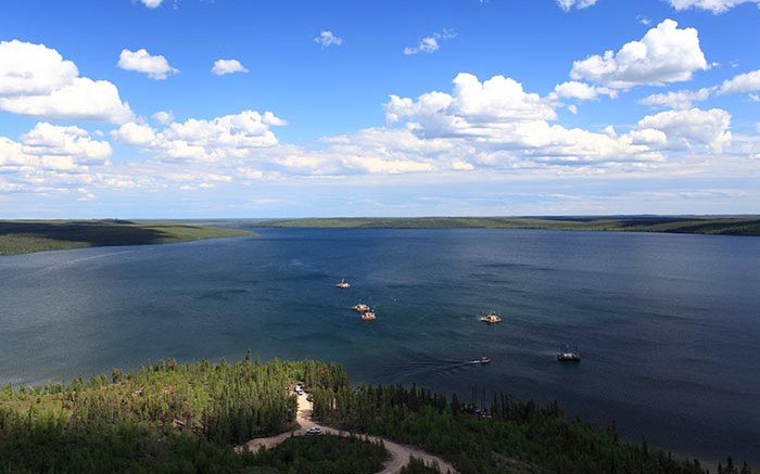 Drills on barges on Patterson Lake at Fission Uranium's Patterson Lake South uranium project, near Saskatchewan's Athabasca basin. Source: Fission Uranium