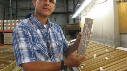 Mac Jackson, Gold Standard Ventures' vice-president of exploration, shows off a core sample from the Railroad gold project in northern Nevada.  Photo by Alisha Hiyate