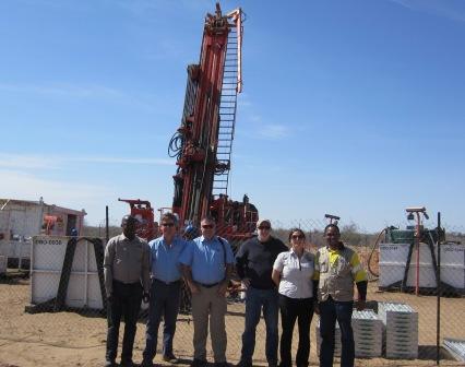 Posing by a drill rig at Khoemacau's Mango zone, from left: Khoemacau operations manager Mompati Babusi; Cupric Africa head of exploration John Deane; Cupric Africa CEO Sam Rasmussen; Cupric Canyon Capital director Stephen Enders; Cupric resource geologist Cathy Knight; Khoemacau country manager Johannes Tsimako.