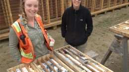 Barkerville Gold Mines senior geologists Maggie Layman (left) and Wanda Carter stand next to high-grade intercepts from the BC Vein at the Barkerville Mountain gold project in south-central British Columbia. Photo by Lesley Stokes.