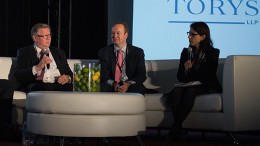 A panel discussion during the Energy and Mines conference in Toronto in late October, from left: Stephen Letwin, Iamgold's president and CEO; Paul West-Sells, Western Copper and Gold's president and COO; and Valerie Helbronner, partner with Torys LLP. Source: Energy and Mines
