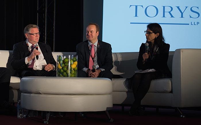 A panel discussion during the Energy and Mines conference in Toronto in late October, from left: Stephen Letwin, Iamgold's president and CEO; Paul West-Sells, Western Copper and Gold's president and COO; and Valerie Helbronner, partner with Torys LLP. Source: Energy and Mines
