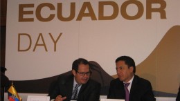 New Mines Minister Javier Cordova (left) with Coordinating Minister for Strategic Sectors Rafael Poveda during Ecuador Day at the Prospectors and Developers Association of Canada convention.
