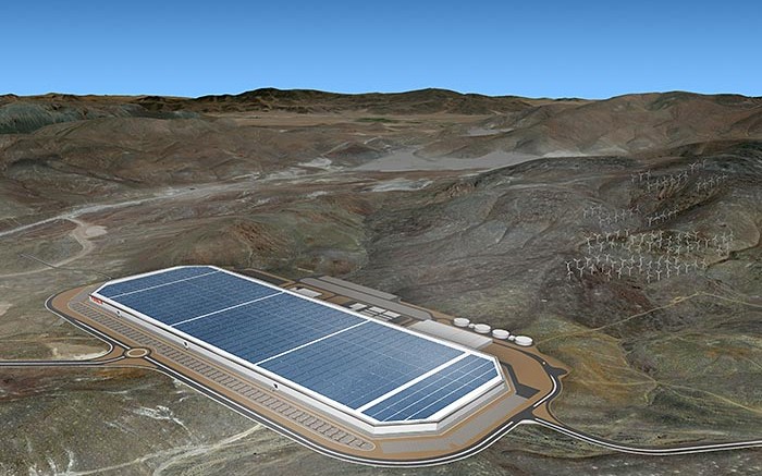 A rendering of Tesla Motors' planned Gigafactory - which will produce lithium-ion batteries - currently under construction in Storey County, Nevada. Credit: Tesla Motors