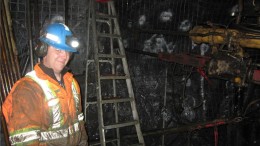 Christien Comeau takes a break from drilling at Trevali Mining's Caribou zinc-lead-silver mine in New Brunswick. Photo by Salma Tarikh.