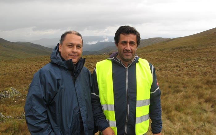 Fernando Carrion (left), social responsibility manager, and Vicente Jaramillo, environment, health and safety manager, at INV Metals' 3 million oz. Loma Larga gold project, near the city of Cuenca in southern Ecuador. Photo by Trish Saywell.