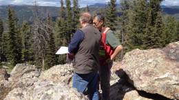 Otis Gold geologist Mitch Bernardi (left) reviewing drill plans with US Forest Service personnel at the Kilgore gold project, 50 km northeast of the town of Dubois, Idaho.Credit: Otis Gold
