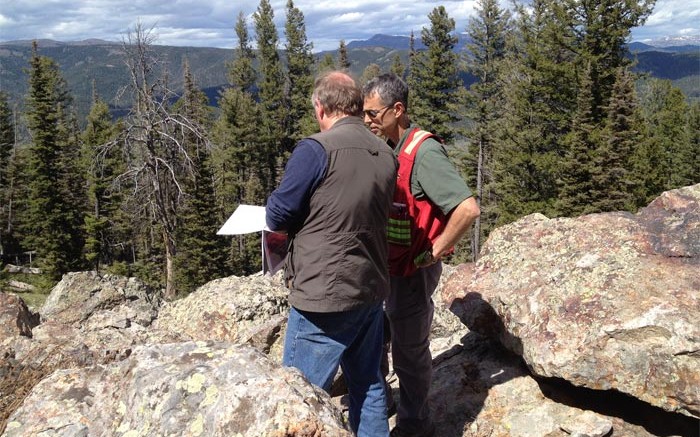 Otis Gold geologist Mitch Bernardi (left) reviewing drill plans with US Forest Service personnel at the Kilgore gold project, 50 km northeast of the town of Dubois, Idaho.Credit: Otis Gold