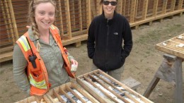 Barkerville Gold Mines senior geologists Maggie Layman (left) and Wanda Carter stand next to high-grade intercepts from the BC Vein at the Barkerville Mountain gold project in south-central British Columbia. Photo by Lesley Stokes