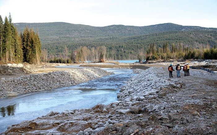 A stretch of Hazeltine Creek, with the outlet to Quesnel Lake in the background, where reclamation work has helped clean up the spilled tailings from Imperial Metals' Mount Polley mine in British Columbia. Credit: Imperial Metals