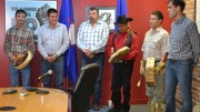 Tsilhqot'in Chiefs Drum after hearing Supreme Court Decision in June 2014, from left: Chief Francis Laceese (Tl'esqox); Chief Percy Guichon (Tsi Deldel); Tribal Chairman/Chief Joe Alphonse (Tl'etinqox); Vice-Chairman/Chief Roger William (Xeni Gwet'in); Chief Bernie Elkins (?Esdilagh); and Chief Russell Myers-Ross (Yunesit'in). Credit: Tsilhqot'in National Government