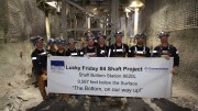 Workers commemorate sinking the deepest mine shaft in the United States at Hecla Mining's Lucky Friday silver-lead-zinc mine in Idaho. Credit: Cementation.
