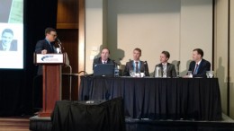 At the PearTree Securities-sponsored panel on alternative financing methods at the Prospectors & Developers Association of Canada convention in Toronto in March, from left: Anthony Vaccaro, publisher of The Northern Miner; David Harquail, president and CEO of Franco-Nevada; Stephen de Jong, president and CEO of Integra Gold; Trent Mell, president and head of mining at PearTree Securities; and Dan Wilton, director at Pacific Road Capital. Photo by John Cumming.