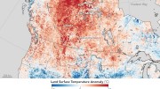 Map showing land surface temperature from April 26 to May 3, 2016, compared to the 2000–2010 average for the same one-week period. Red areas were hotter than the long-term average. Credit: NASA Earth Observatory.
