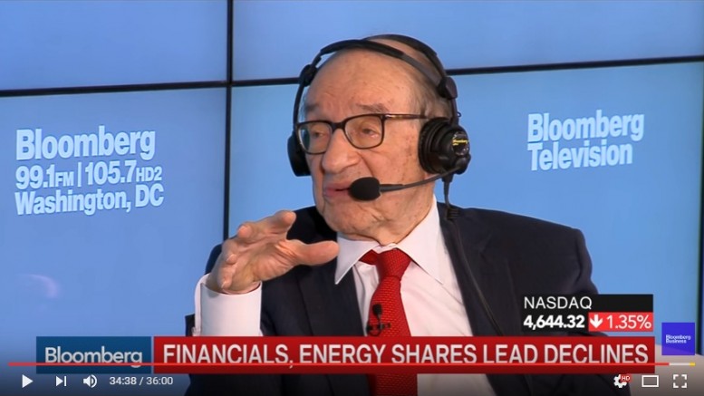 On June 27, 2016, former Federal Reserve Chairman Alan Greenspan discusses fallout the U.K.'s Brexit referendum, U.S. economic growth, wage and economic stagnation, central banks, low productivity, and his call for inflation in the U.S. economy. He speaks with Bloomberg's Michael McKee and Tom Keene on "Bloomberg GO." YouTube screenshot.