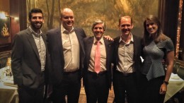 At the Young Mining Professionals' (Toronto branch) Distinguished Speakers Event at Hy's Steakhouse in Toronto on June 15, from left: Michael Long, Stephen Stewart, Rob McEwen, Michael Woeller and Sophia Harquail. Credit: YMP Toronto.