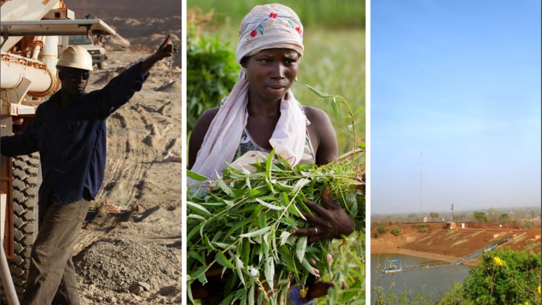 From Semafo's 2014 Sustainable Development Report, from left: Employee ensuring the security of a bench before blasting; village woman picking sesame; and a water dam. Credit: Semafo.