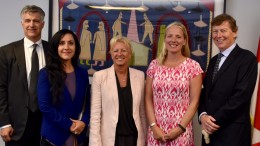 The members of the "Review of the Environmental Assessment Processes Expert Panel" meet with the federal Minister of Environment and Climate Change, from left: Rod Northey; Renée Pelletier; Johanne Gélinas; Minister Catherine McKenna; and Doug Horswill. Credit: CNW Group and Canadian Environmental Assessment Agency.