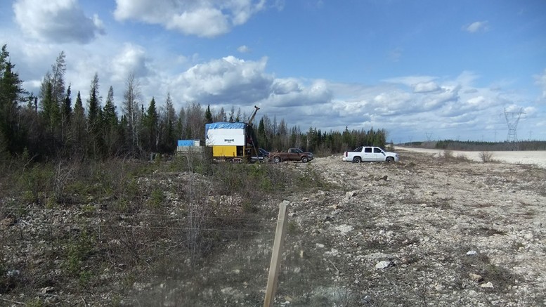 A diamond drill beside the highway at Rockcliff Copper's Snow Lake project in Manitoba. Credit: Rockcliff Copper.