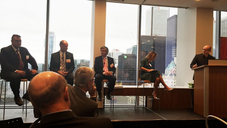 At The Northern Miner's "Focus on Argentina" symposium at PwC Canada's offices in Toronto in September, from left: Ricardo Martinez, director and partner at Argentina Minera SA; Richard Spencer, president and CEO of U3O8 Corp.; Rob McEwen, chairman and CEO of McEwen Mining; France M. Tenaille, partner, co-Leader for Latin America at Gowling WLG; and John Cumming, editor-in-chief of The Northern Miner. Photo by Salma Tarikh.