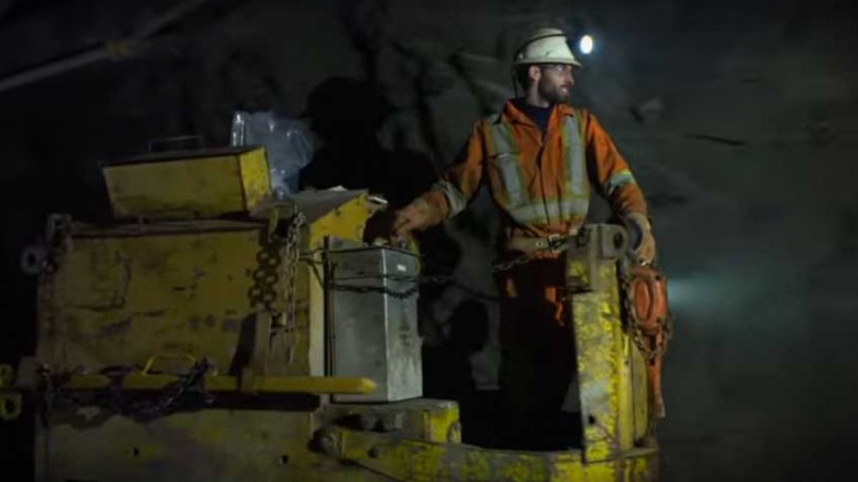 Screen capture from a Metanor Resources' promotional video, showing a miner at the Bachelor gold mine in Quebec. Credit: Metanor Resources.