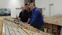 Engold Mines’ technical team in the core shack at the Aurizon polymetallic project in central B.C., from left: Rob Shives, vice- president of exploration; Jesse Berkey, senior field manager; and Bernie Augsten, geologist. Credit: Engold Mines.