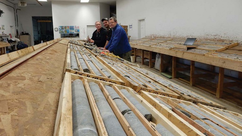 Engold Mines’ technical team in the core shack at the Aurizon polymetallic project in central B.C., from left: Rob Shives, vice- president of exploration; Jesse Berkey, senior field manager; and Bernie Augsten, geologist. Credit: Engold Mines.