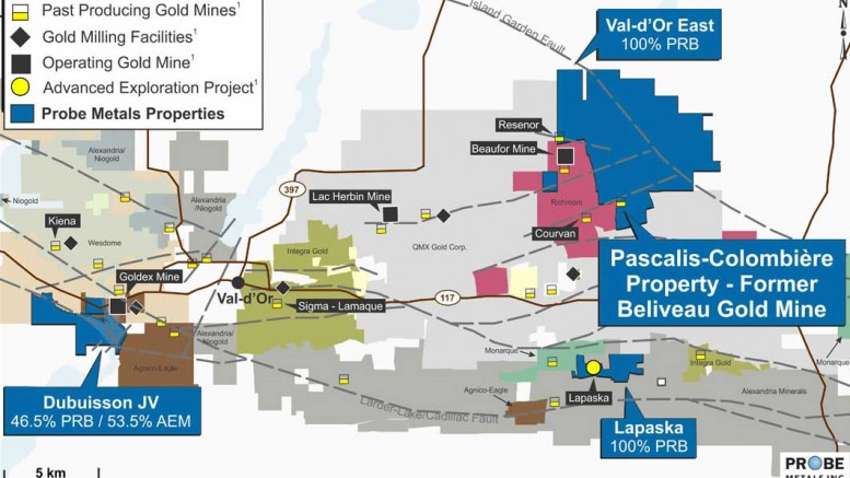 A map showing Probe Metals' Val d'Or East mining claims. Credit: MRNF SIGEOM Database.