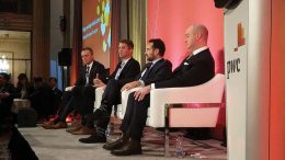 The junior mining panel at PwC’s Mega Mining Mines event, from left: moderator David Redford of Cassels Brock; Steve de Jong, CEO of Integra Gold; Ari Sussman, CEO of Continental Gold; and Leigh Curyer, CEO of NexGen Energy. Photo by Alisha Hiyate.