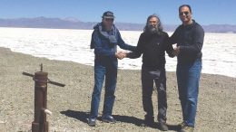 At Advantage Lithium’s Stella Marys lithium project in Argentina’s Salta province, from left: Callum Grant, vice-president of project development; Miguel Peral, director and general manager of operations; and David Sidoo, president and CEO. Credit: Advantage Lithium.