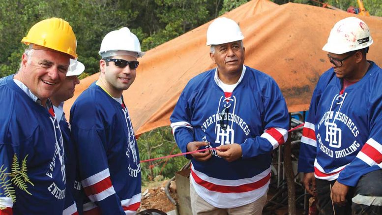 André Audet, Everton Resources’ president and CEO (far left), Steven Gold, Energold Drilling’s CFO (third from left) and Alex Medina, the Dominican Republic’s Director of Mining (fourth from left), mark the start of the new drill campaign at the Arroyo Carpintero gold property in the Dominican Republic. Credit: Everton Resources.