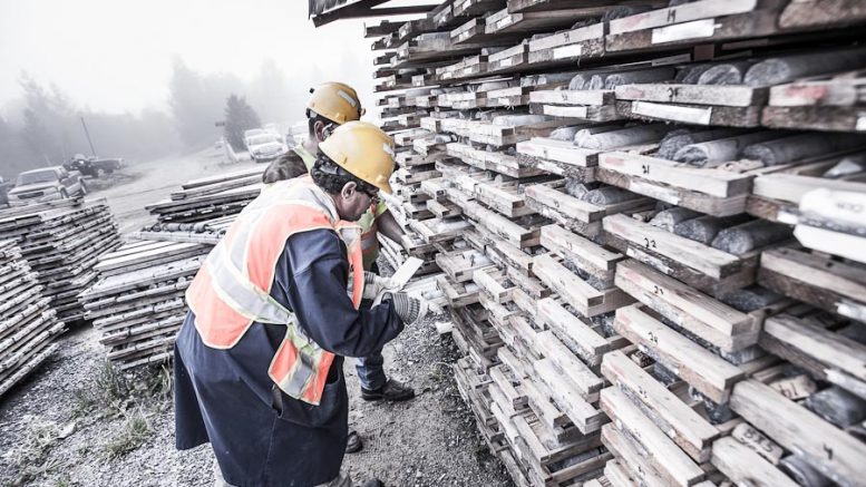 Employees inspect drill core at the Island Gold mine near Wawa, On. Credit: Richmont Mines.