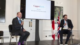 Mining mogul Lukas Lundin (left) chats with CopperBank’s executive chairman Gianni Kovacevic at The Northern Miner's Canadian Mining Symposium in London. Photo by Martina Lang