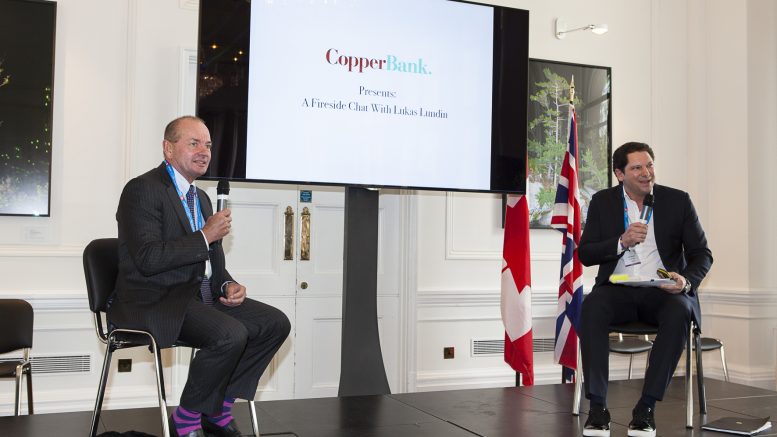 Mining mogul Lukas Lundin (left) chats with CopperBank’s executive chairman Gianni Kovacevic at The Northern Miner's Canadian Mining Symposium in London. Photo by Martina Lang